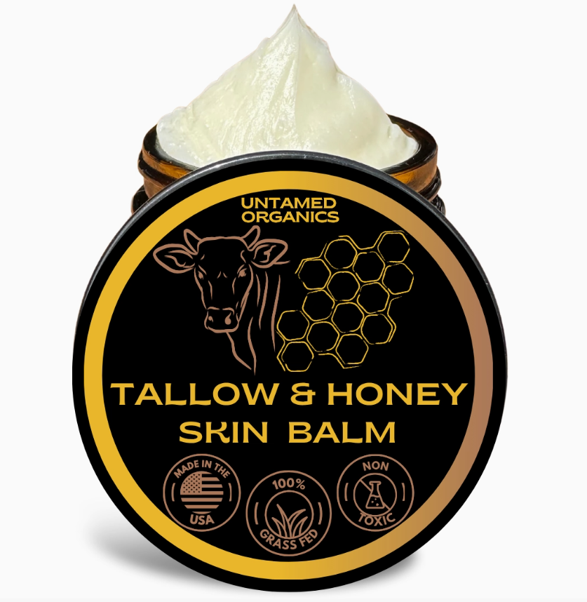 Grass-fed tallow and raw honey skin balm jar by Untamed Organics