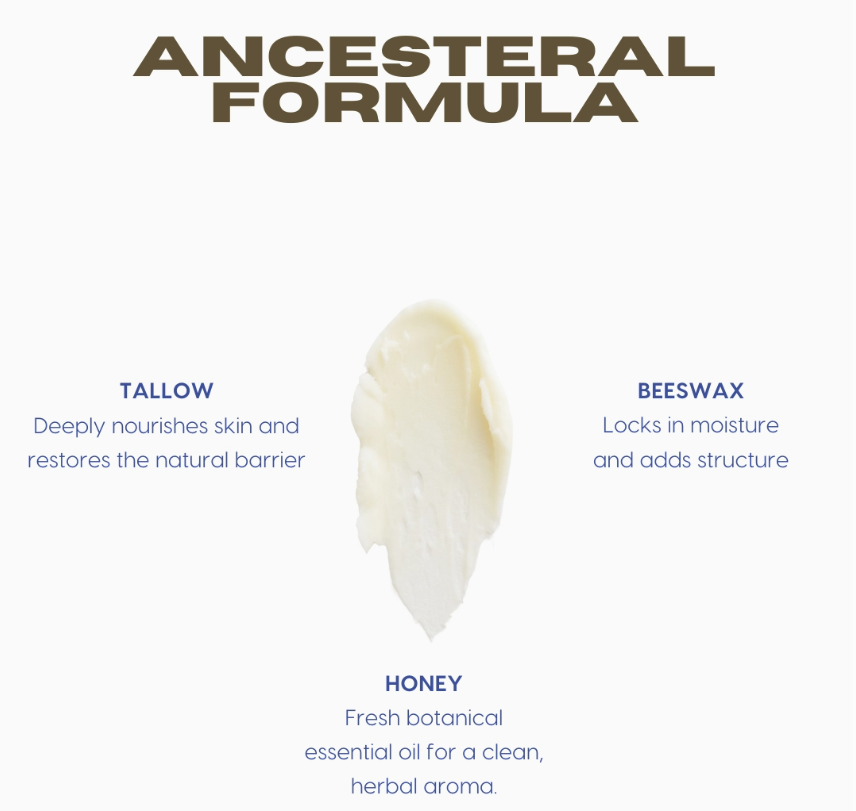Ancestral skin balm formula with organic tallow, raw honey, and beeswax