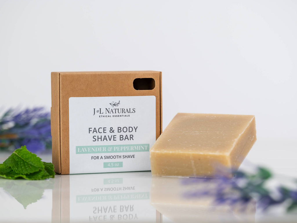 J&L Naturals face and body shave soap bar in eco-friendly kraft box