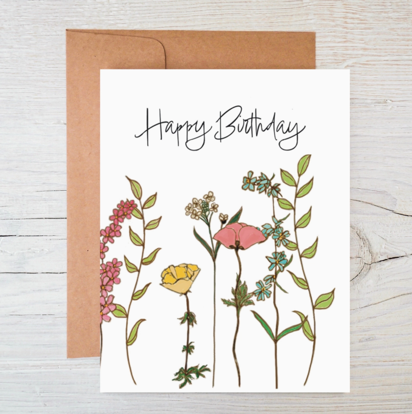 Plantable wildflower seed birthday card 6-pack with floral design and Kraft brown recycled paper envelope.