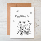 Plantable wildflower seed Mother's Day card featuring floral garden line art illustration and natural Kraft brown recycled envelope.