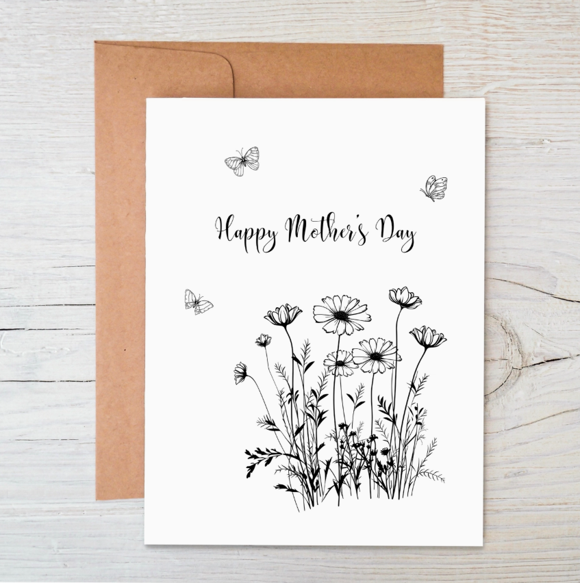 Plantable wildflower seed Mother's Day card featuring floral garden line art illustration and natural Kraft brown recycled envelope.