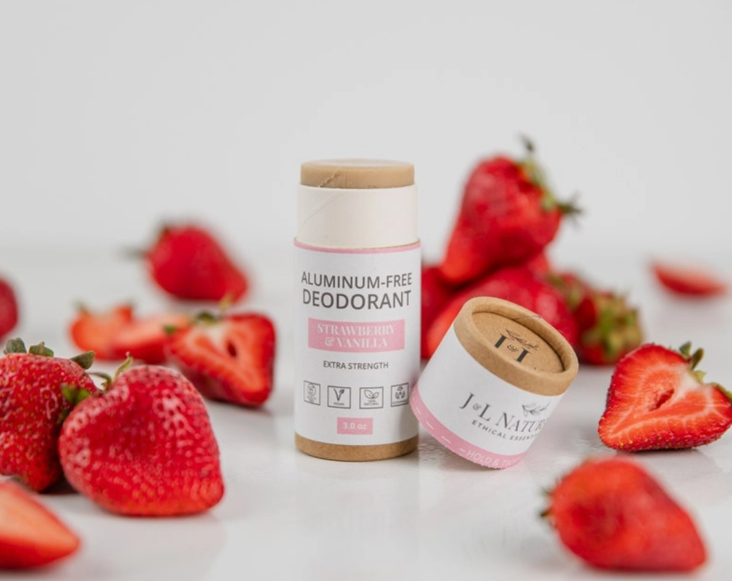 Strawberry and vanilla natural stick deodorant in eco-friendly push-up paper tube